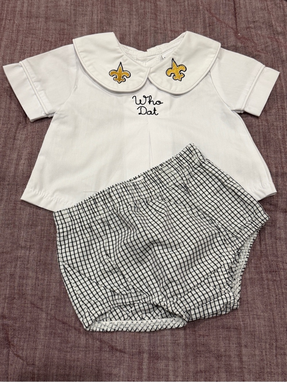 White Baby Top & Black Check Bloomers Set - 'Who Dat' 3mos